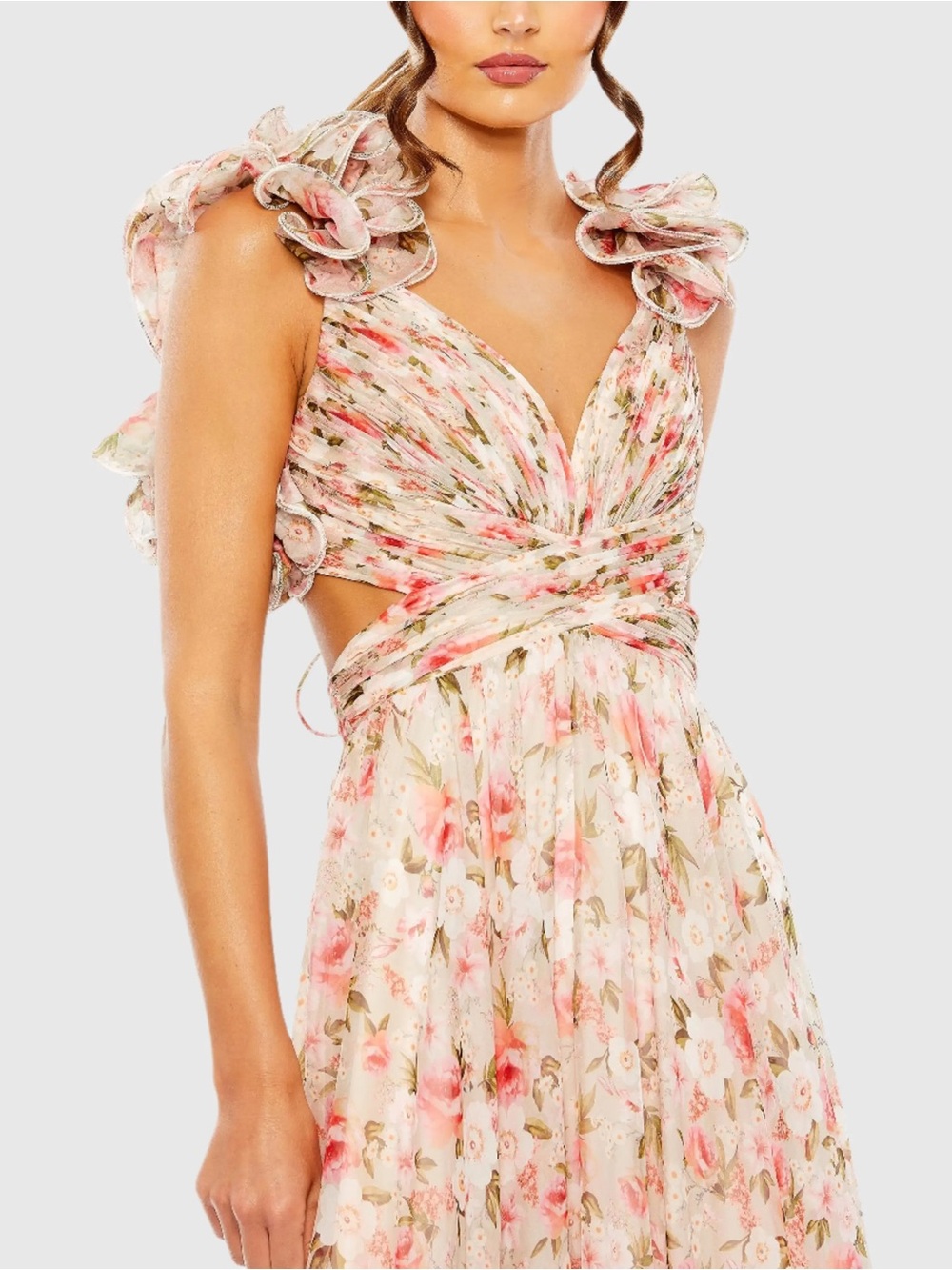 MAC DUGGAL Pink Ruffle Tiered Cut-Out Chiffon Floral Gown - Picture 16 of 16